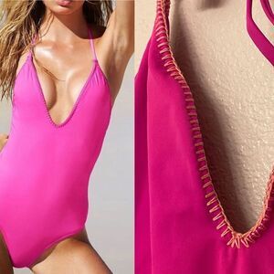 Victoria’s Secret hot Pink low cut thick Stitch One Piece swim bathing suit L